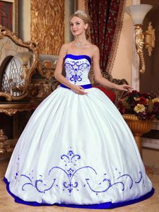 White Strapless Embroidery Quinceanera Gown Dresses in Satin on Sale