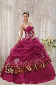 Burgundy Organza and Leopard Sweetheart Quince Dress with Appliques