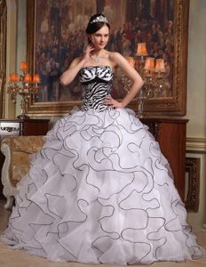 Pretty White Strapless Quinces Dress with Ruffles in Organza and Zebra