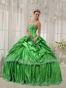 Spring Green Dress for Quinceanera in Taffeta with Beading and Applique