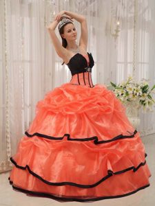 Orange and Black Beaded Strapless Sweet 16 Dress in Satin and Organza