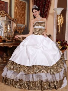 White Quinceanera Gown with Beading in Organza and Leopard