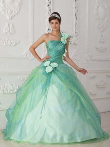 Apple Green One Shoulder Quinceanera Gown with Flowers and Beading