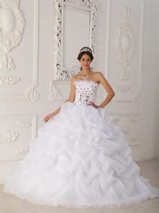 Beaded White Strapless Quince Dresses with Court Train and Hand Flower