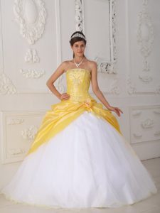 Yellow and White Quinceanera Dress with Appliques and Flower