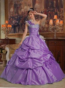 Purple One Shoulder Quinceanera Dresses with Handle Flowers in Taffeta