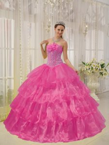 Hot Pink Strapless Beaded Dress for Quinceanera in Taffeta and Organza
