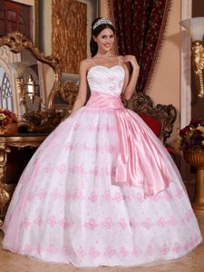 Light Pink Spaghetti Straps Embroidery Organza Quinceanera Gown Dress