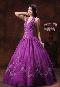 Affordable Halter Embroidery Decorate Quinces Dresses in Purple