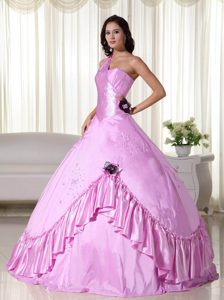 Pink Ball Gown One Shoulder Taffeta Cute Quinceanera Gown with Beading