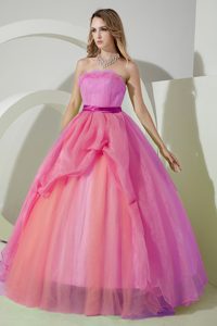 Pink Lovely Strapless Organza Quinces Dress with Beading and Embroidery