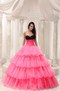 Watermelon Sweetheart Taffeta and Organza Quince Dresses with Ruffles