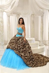Leopard and Organza Sweetheart Low Price Quince Dresses with Beading