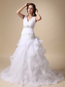 V-neck Court Train Taffeta Wedding Dress with Beading and Ruffles