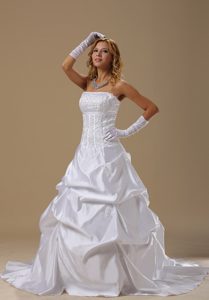Strapless Long Wedding Dress With Lace Bodice and Pick-ups