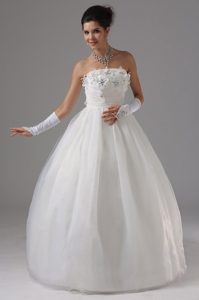 Ball Gown Long Strapless Tulle Wedding Dress With Appliques Decorate