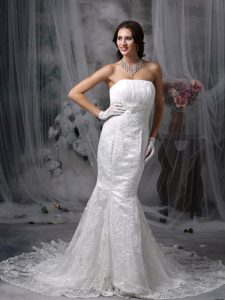 Beautiful Mermaid Strapless Court Train Lace and Chiffon Ruched Wedding Dress