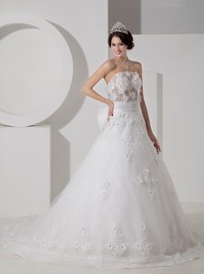 Pretty Strapless Court Train Tulle Wedding Dress with Beading and Appliques