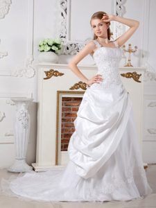 Gorgeous Straps Court Train Taffeta and Lace Wedding Dress in White