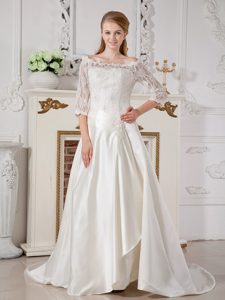 Brand New Off The Shoulder Court Train Taffeta and Lace Wedding Dress