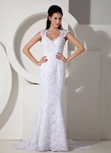 Brand New V-neck Lace Wedding Dresses with Beading on Promotion