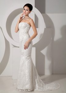 Exquisite Mermaid Strapless Court Train Lace Beaded Wedding Dresses for Cheap