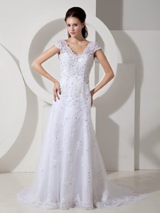 Modest Column V-neck Court Train Lace Beaded Wedding Dress on Wholesale Price