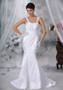 Luxurious Mermaid Court Train Satin Lace Wedding Dress with Appliques on Sale