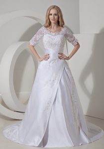 Modest Scoop Satin Lace Wedding Dress with Chapel Train and Half Sleeve