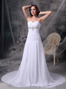 White Sweetheart Court Train Chiffon Wedding Dress with Appliques and Ruching