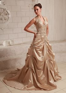 Modern Halter Top Taffeta Appliqued and Beaded Wedding Dress with Lace up Back