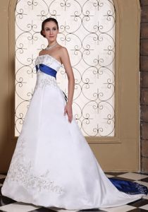 Beaded Modest 2013 Wedding Dress with Chapel Train and Embroidery for Cheap