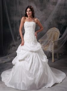 White Strapless Court Train Taffeta and Lace Wedding Dress with Appliques