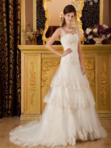 Beautiful Straps Tulle Lace and Beaded Wedding Dress with Court Train and Layers