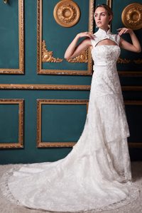 Modest High-neck Lace Sash Wedding Dresses with Chapel Train for Cheap