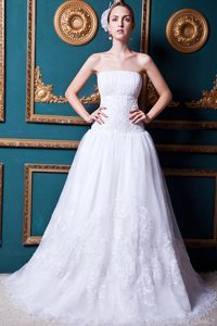 Beautiful Strapless Court Train Organza Lace Wedding Gown Dress on Sale