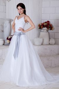 Modest Court Train Organza Wedding Dresses with Spaghetti Straps and Flowers