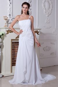 One Shoulder Court Train Chiffon Beaded and Ruched Wedding Gown Dress