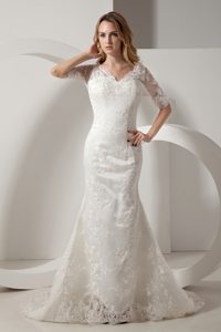 Elegant Mermaid V-neck Court Train Taffeta and Lace Wedding Gown Dress on Sale