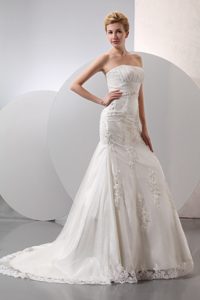 Modest Taffeta and Organza Appliques Wedding Dress with Lace up Back for Cheap