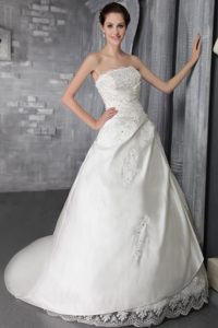 Brand New Strapless Taffeta Lace Church Wedding Dress with Court Train