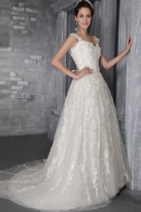 Perfect Straps Tulle Wedding Dress with Court Train and Appliques on Promotion
