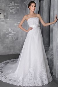 White Strapless Lace Beaded Wedding Dress with Chapel Train for Women