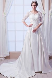 Elegant V-neck Satin Wedding Dress with Court Train and Appliques on Sale