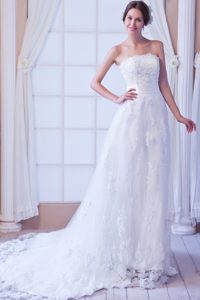 Perfect Column Strapless Court Train Lace Wedding Dress with Sashes for Women