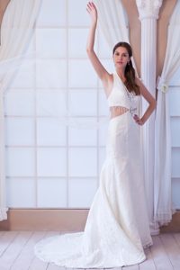 Perfect Halter Lace Beaded Wedding Gown Dress with Watteau Train on Sale