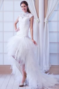 Beautiful High-neck Tulle Beaded Wedding Dress with Court Train for Women