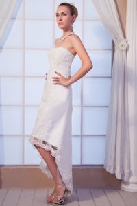 Popular Column Strapless High-low Satin Lace Wedding Dress for Brides for Cheap