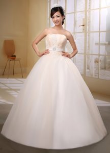 Wholesale Champagne Strapless Beaded Wedding Gown Dress with Sash for 2014