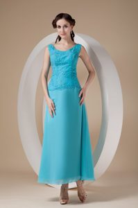 Teal Sheath Wide Straps Ankle-length Dama Dress in Chiffon with Beading